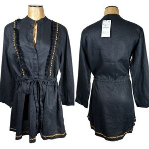 Zara Woman Black 100% Linen Embroidered Tunic Dress Tassel Trim Size M NWT